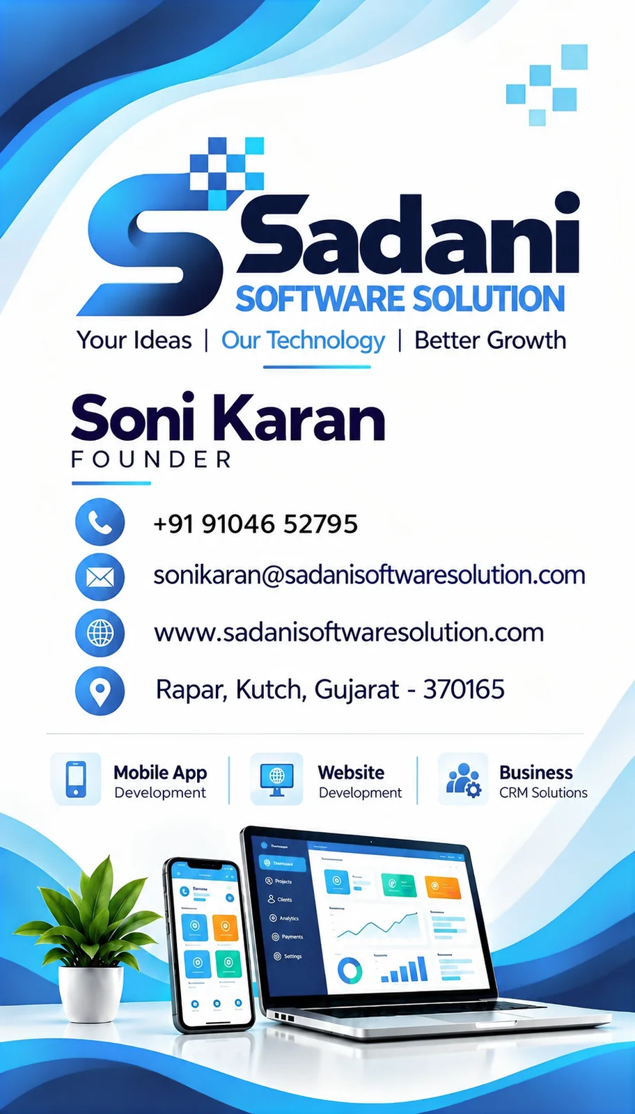 Sadani Software Solution visiting card of founder Soni Karan