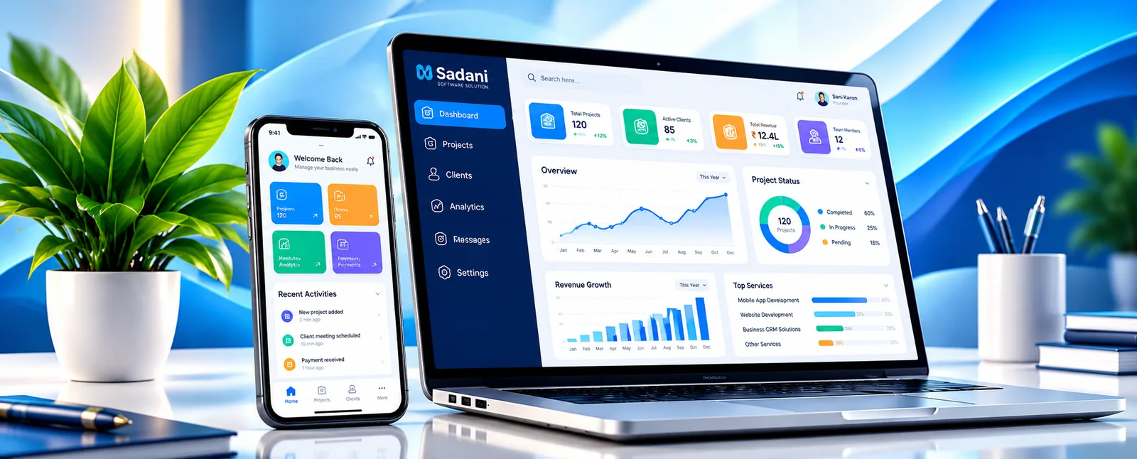Sample mobile app and CRM dashboard designed by Sadani Software Solution