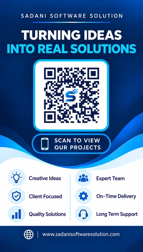 Sadani Software Solution poster - scan the QR code to view our projects at www.sadanisoftwaresolution.com